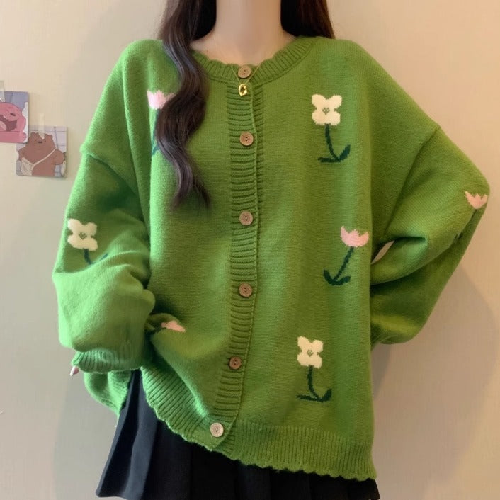 Idle Style Loose Youthful-looking Embroidered Flower Knitted Cardigan Sweater Pi-Mart