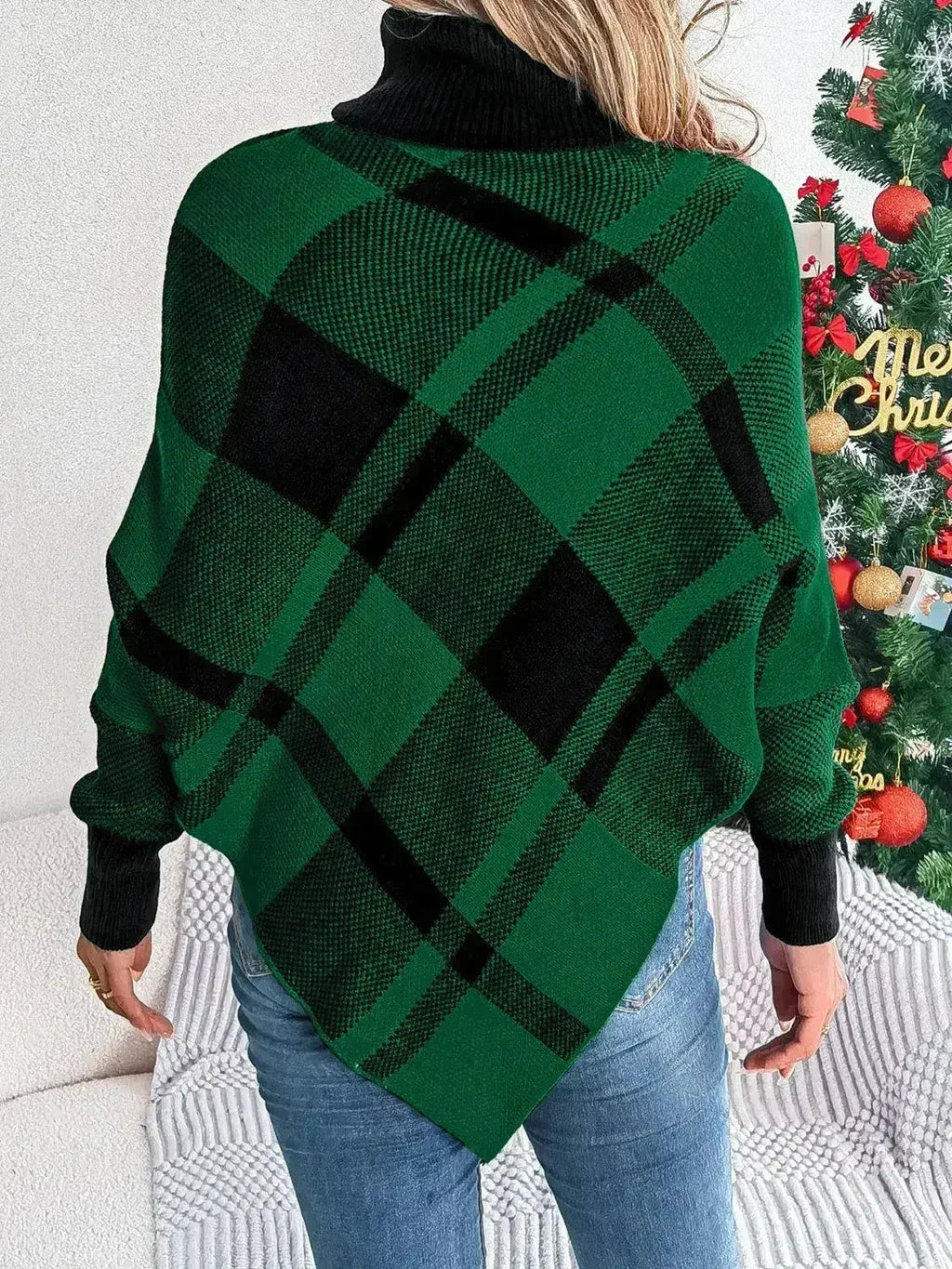 Plaid Turtleneck Batwing Sleeve Sweater - SJB-DIAMOND ELITES