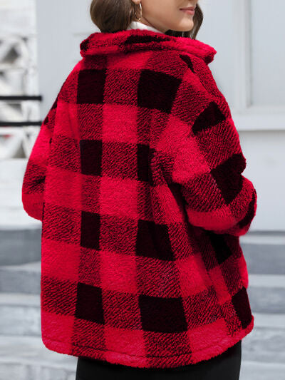 Beautiful Red Women Drop Shoulder Fuzzy Button-Up Jacket Soft And Comfortable Casual Fit Jacket Stevvex