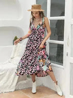 Printed Plunge Midi Dress | Sleeveless Tied Waist | Polyester