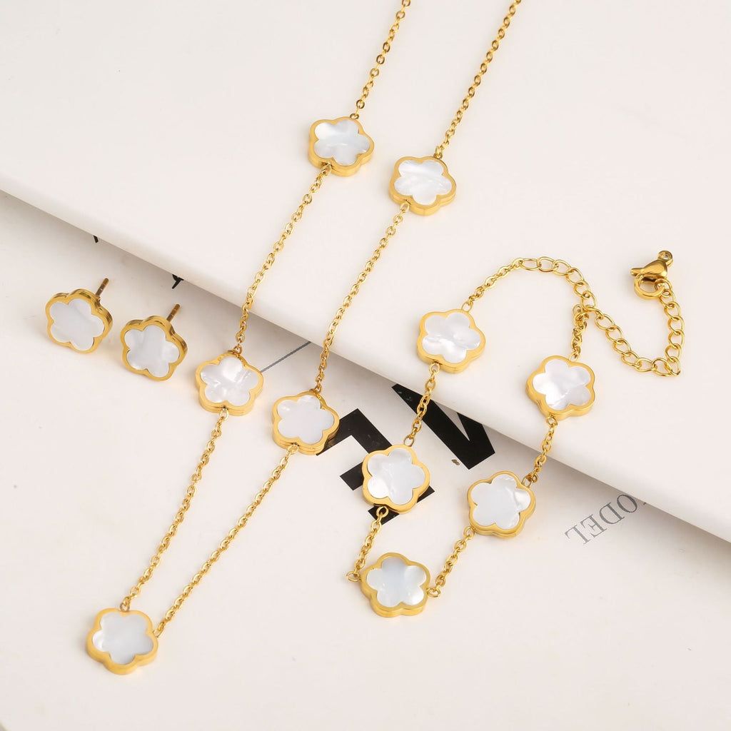 New Stainless Steel Plant Fritillary Five Leaf Petals Earring Bracelet Necklace Jewelry Set Women Cross-border Hot Selling Lot Pi-Mart
