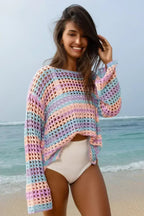 Purple Striped Hollow Knit Summer Beach Cover Up