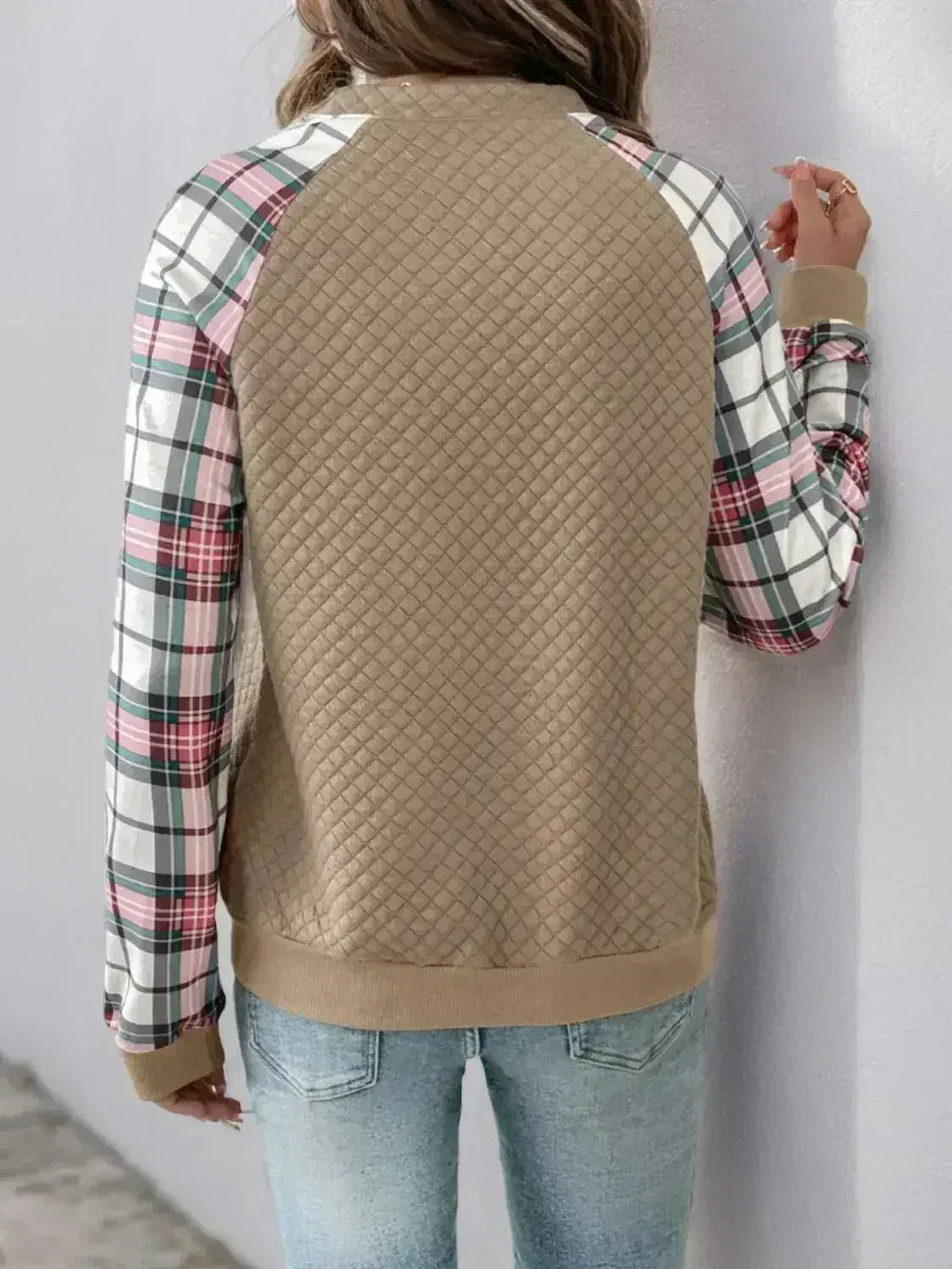 Perfee Plaid Half Zip Long Sleeve Texture Sweatshirt - SJB-DIAMOND ELITES