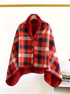 Women'S Casual Plaid Pajama Cape Blanket, V-Neck Sleeveless Knit Fabric with Button Detail, Polyester 100% Flannel, Medium Stretch, All-Season Loose Fit - Thick Heating Office Air-Conditioning Nap Blanket Lootquake LLC