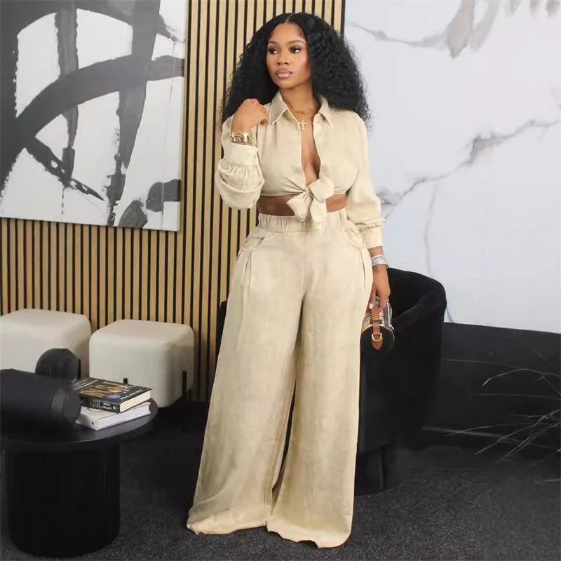 Streetwear Loose Fit Matching Set Outfits for Women Two Piece Set Club Party Lace-up Shirt Top and Wide Leg Pants Set Elegance Purplish Diva
