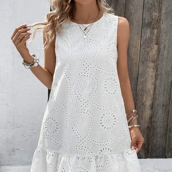 Ladies' Solid Color Vacation Style Hollow Flower Pattern Details Round Neck Off Shoulder Wide Shoulder Strap Mushroom Edge Hanging Pleat Elegant Style Dress - SJB-DIAMOND ELITES