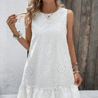 Ladies' Solid Color Vacation Style Hollow Flower Pattern Details Round Neck Off Shoulder Wide Shoulder Strap Mushroom Edge Hanging Pleat Elegant Style Dress - SJB-DIAMOND ELITES