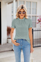 New Fashion Lacework Round Neck Top Summer Puff Sleeves Hollow Design Loose Pleated T-shirt For Womens Clothing Pi-Mart