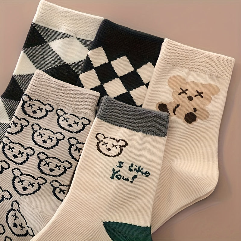 5 Pairs of Vibrant Cartoon Checkered Crew Socks for Boys - Calf Socks with Breathable, Comfy, Casual Style for Unisex Kids, Perfect for Outdoor Play All Seasons, Soft, Gentle, and Durable Lootquake LLC