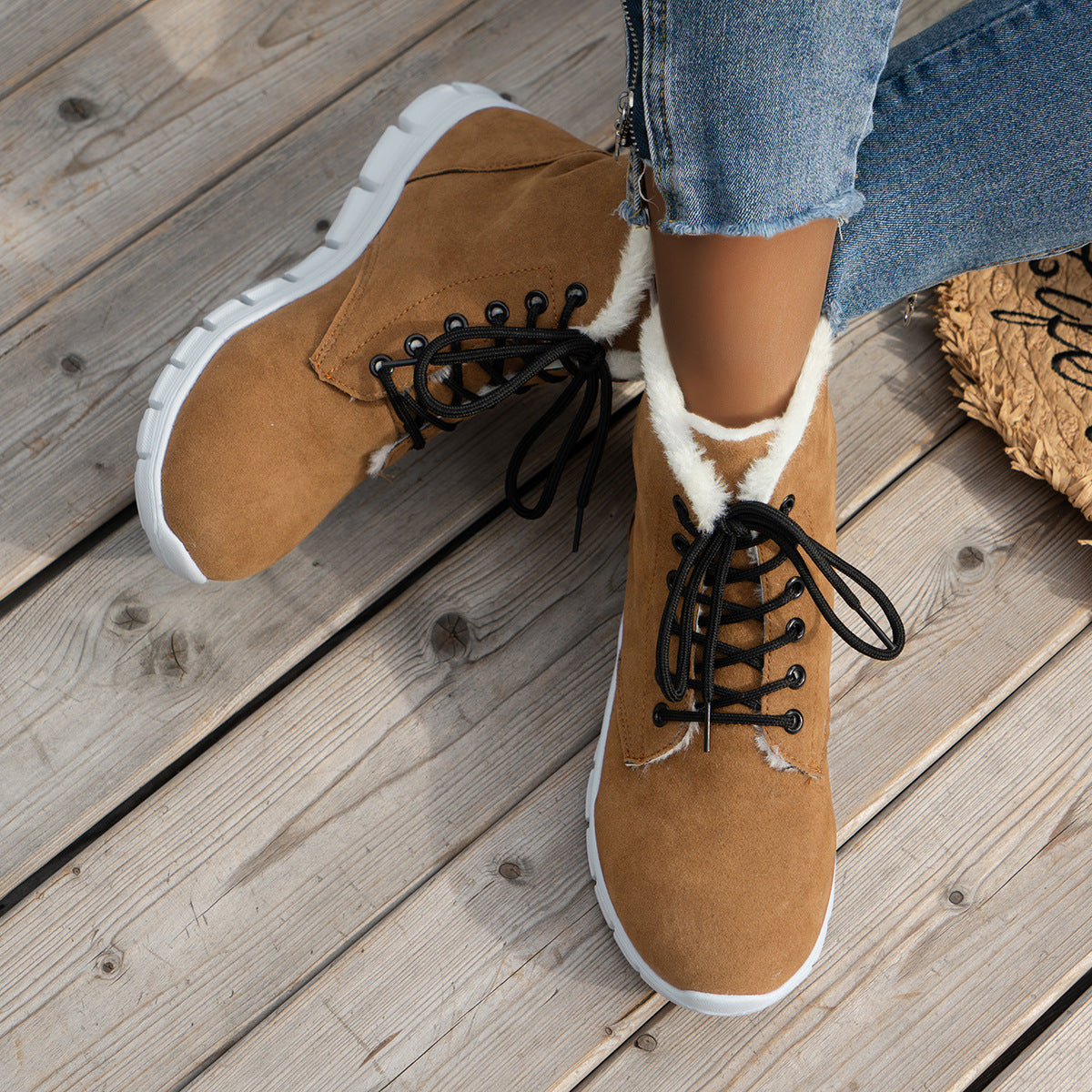 Lace-up Flats Plush Shoes Fashion Women's Boots Pi-Mart