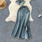 American Hot Girl Retro Denim Two-piece Set.Women's New Summer Fashion Sexy Strappy Halter Top + High Waist Slit Half Body Skirt Purplish Diva