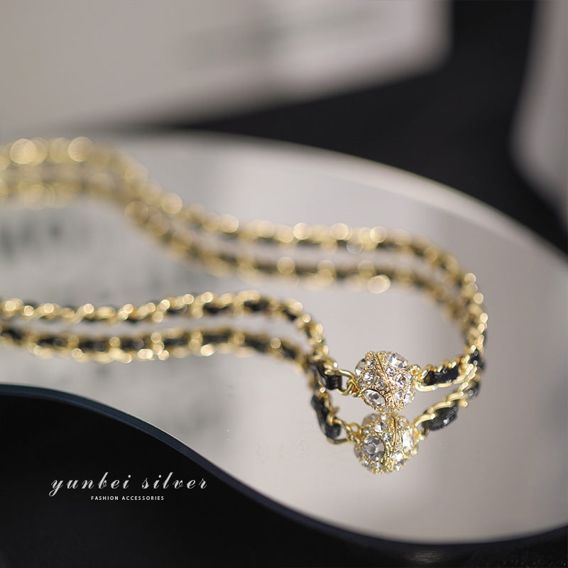 Retro Elegant Leather Winding Chain Diamond Magnetic Necklace Pi-Mart
