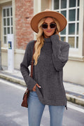 High Collar Loose Long Sleeve Split T-shirt Top For Women Pi-Mart