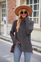 High Collar Loose Long Sleeve Split T-shirt Top For Women Pi-Mart