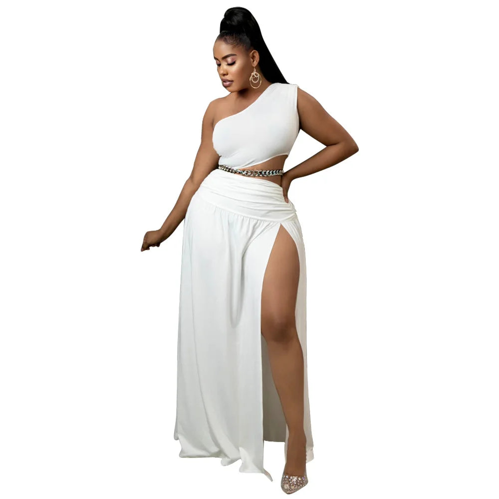 Women Clothes Set Sexy One Shoulder Crop Top Side Split A Line Skirt Beach Party Two Pieces Set Summer 2022 Purplish Diva