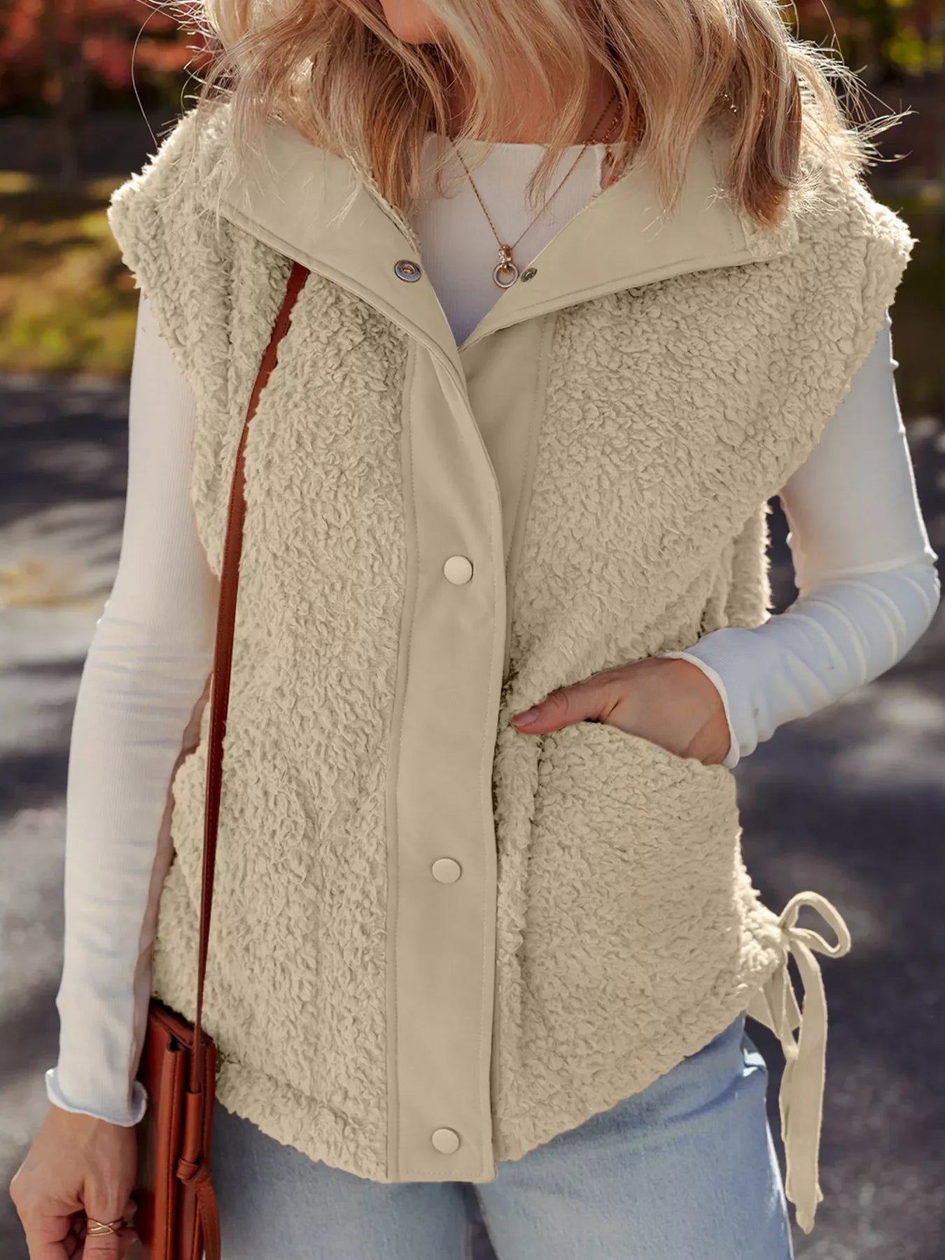 Faux Fur Snap Button Front Knot Side Plush Vest THRIXINE