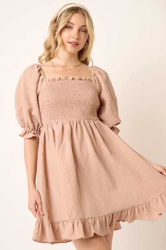 Smocked Ruffled Hem Half Sleeve Mini Dress, Cute, Elegant, Charming and Comfortable Mini Dress with Smocked Bodice and Whimsical Ruffled Hem Stevvex