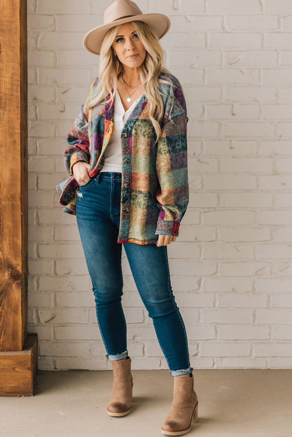 Multicolor Brushed Checked Western Buttoned Jacket Lootquake LLC