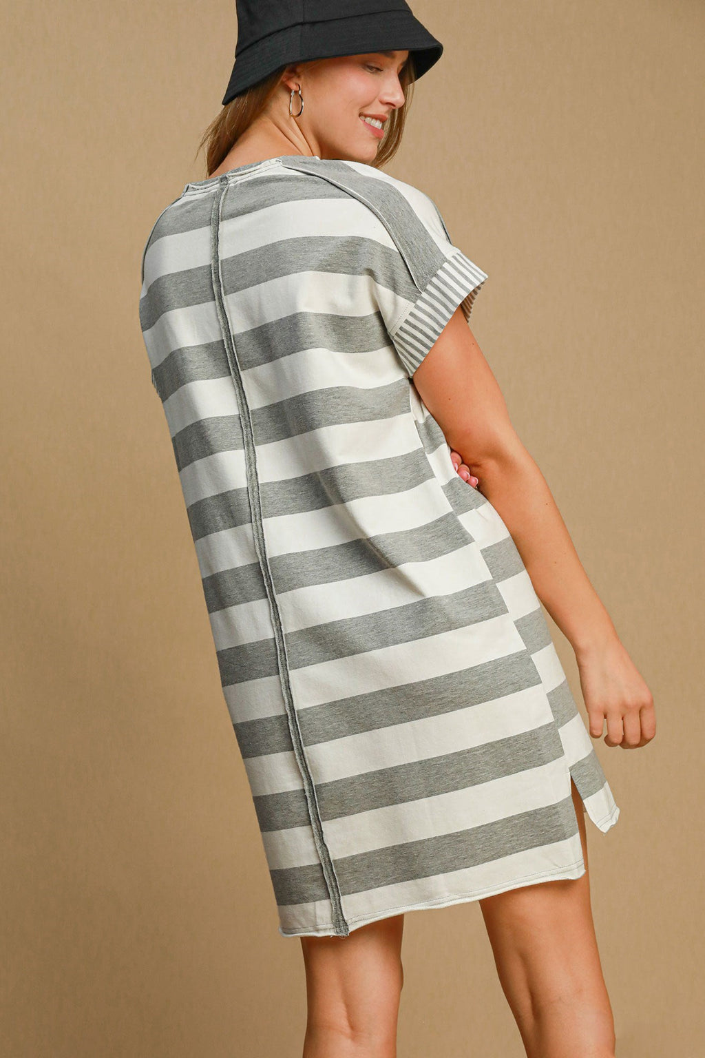 Peace Applique Striped Short Sleeve Mini Dress – Fun Peace Sign Applique, Chic Stripes, and High-Low Hem for Stylish Comfort Stevvex