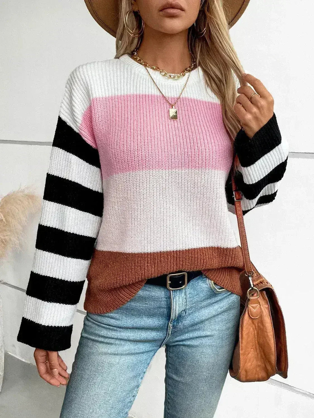 Color Block Round Neck Long Sleeve Sweater - SJB-DIAMOND ELITES