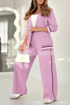 Women Suit Jacket 2 Piece Sets Striped Blazer Coat Turn Down Collar Single Breasted Wide Leg Pants Ensemble Office Lady Outfits Purplish Diva