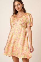 New Summer printed V-Neck Puff Sleeve Mini Dress – Trendy Floral Print with Ruched Detailing and Dramatic Puff Sleeves for a Feminine, Fashion-Forward Look Stevvex
