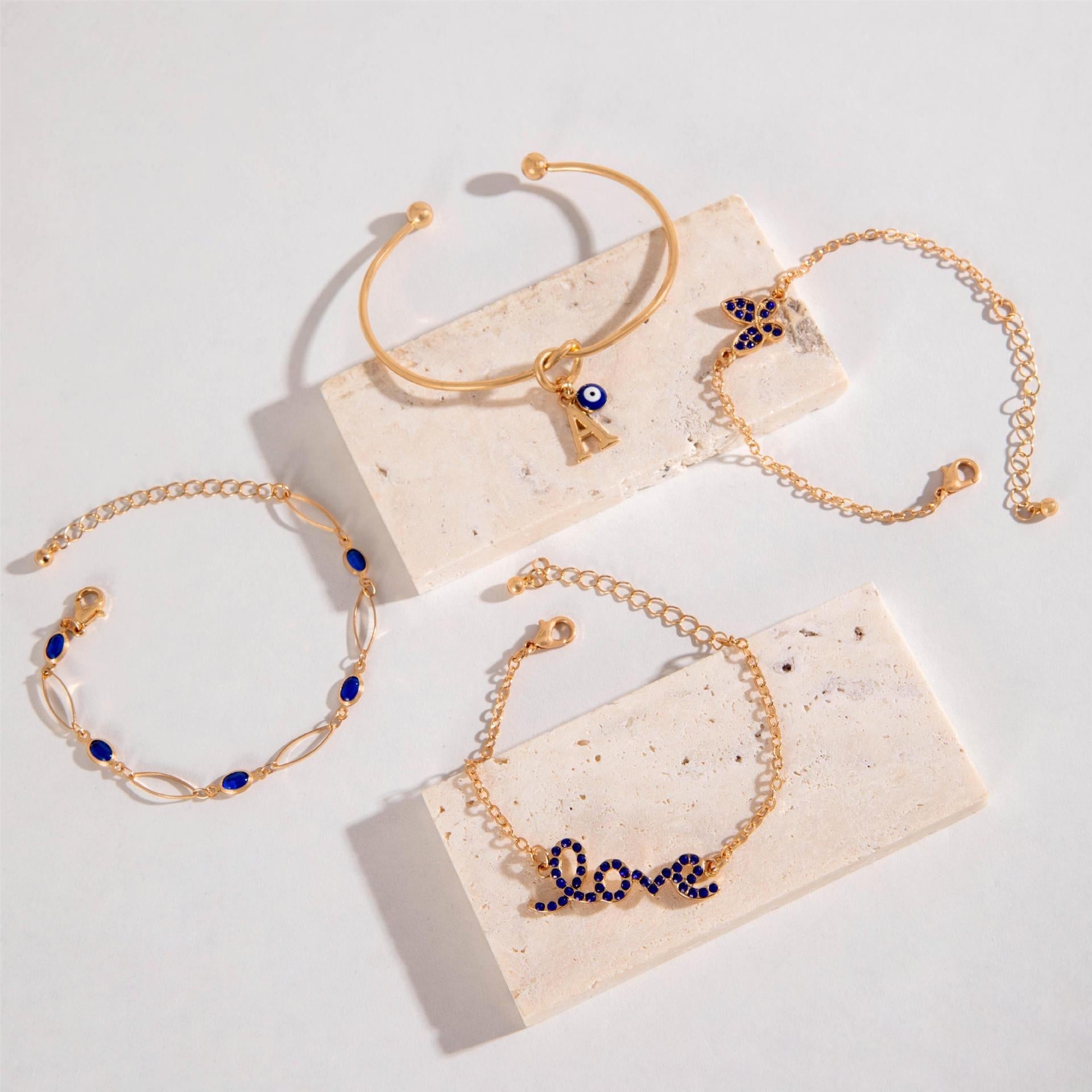 4pcs Blue Flower Love Butterfly Bracelet Set With Rhinestones Design Valentines Day Pi-Mart
