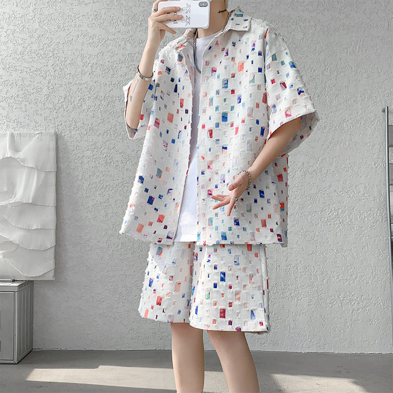 Summer New Chessboard Plaid Shirt Short Sleeve Shorts Suit Lootquake LLC