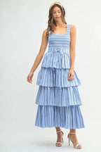 Pin Stripe Smocked Bodice Layered Midi Dress – Smocked Bodice Dress, Fluttering Pinstripe Midi Dress, Layered Midi Dress, Trendy Midi Dress, Flattering Pinstripe Dress