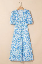 Sky Blue Floral Print Deep V Neck Puff Sleeve Flowy Dress