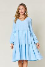 Light Green Double Take Full Size V-Neck Sleeve Tiered Dress with Pockets Elegant & Comfortable Casual Dress Stevvex