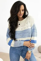 Light Blue Open Stitch Puff Sleeve Sweater - SJB-DIAMOND ELITES