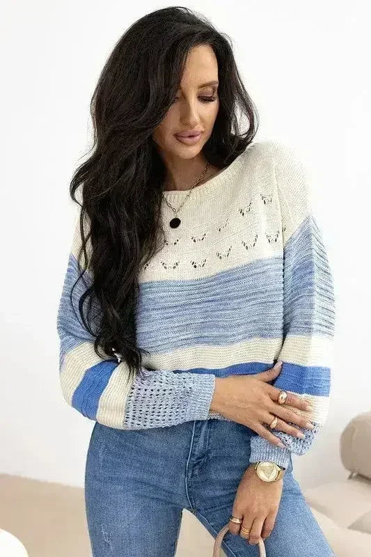 Light Blue Open Stitch Puff Sleeve Sweater - SJB-DIAMOND ELITES