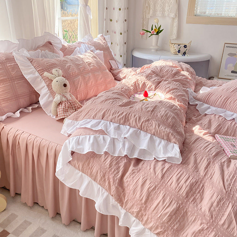 Solid Color Four-piece Quilt Cover Bed Skirt Bedding Set Pi-Mart