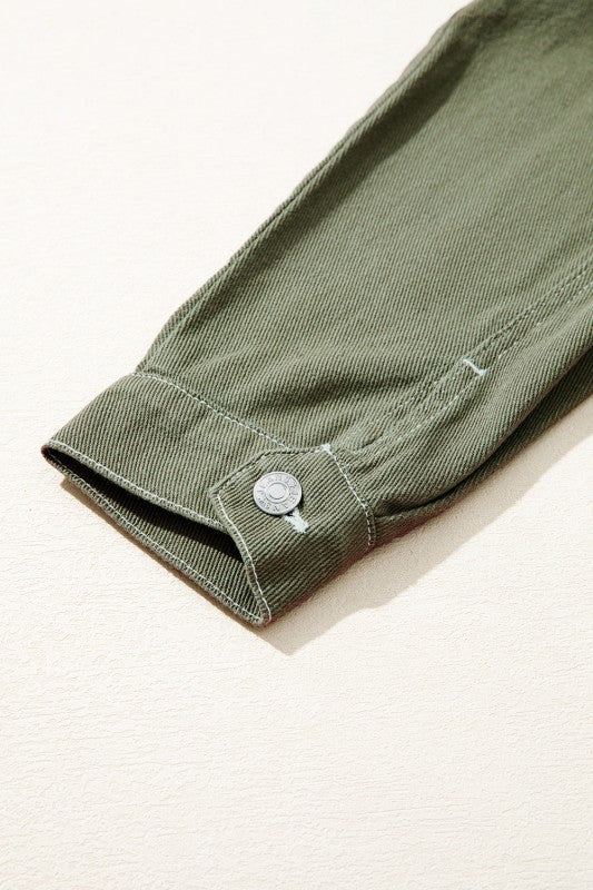 Denim Button-Up Patch Pocket Collared Jacket THRIXINE