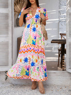 Elegant Printed V-Neck Short Sleeve Maxi Dress Beautiful Casual Women Long Dress