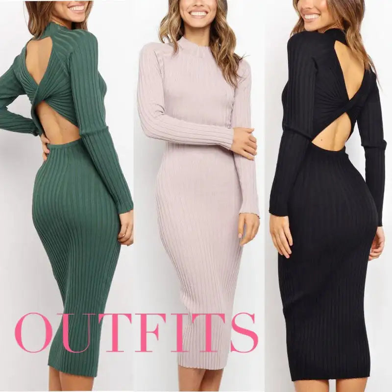 New Style Women's Suits Sweater Dresses Women's Solid Color Backless Bow Tight Dresses - SJB-DIAMOND ELITES