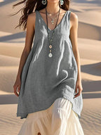 Fashion Sleeveless Cotton Linen Solid Color And V-neck Beach Dress Lootquake LLC