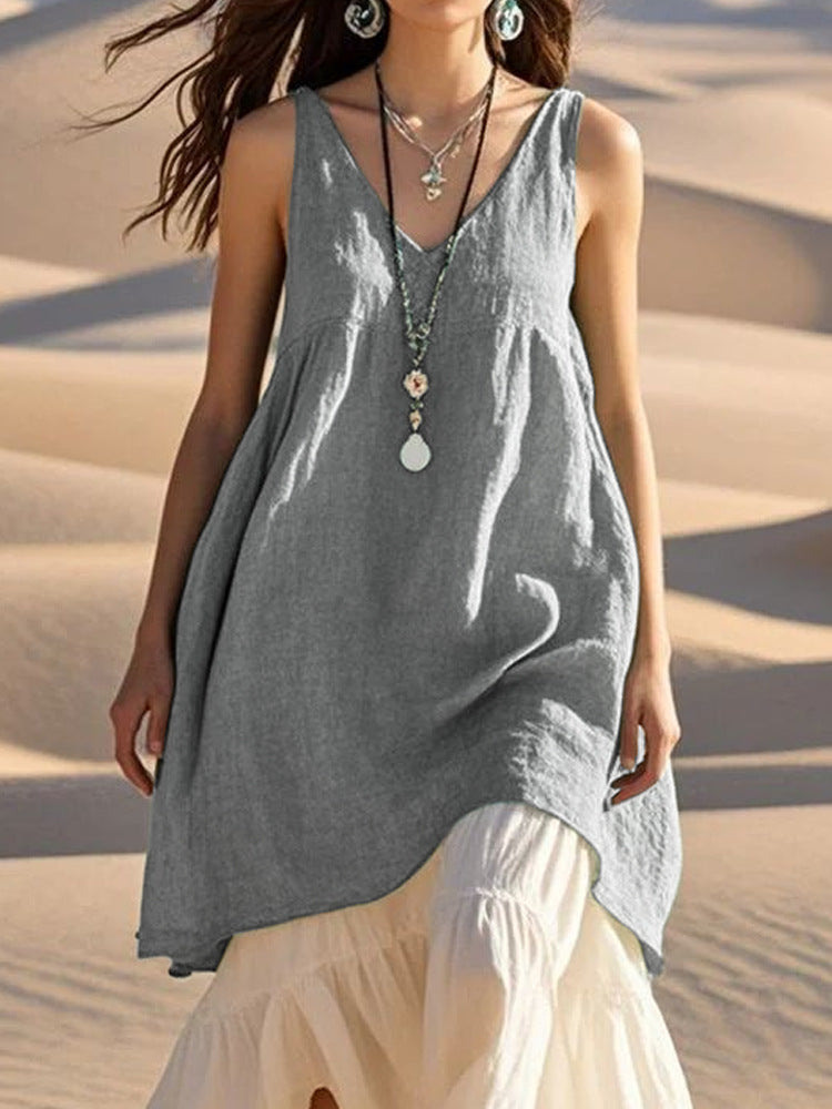 Fashion Sleeveless Cotton Linen Solid Color And V-neck Beach Dress Lootquake LLC