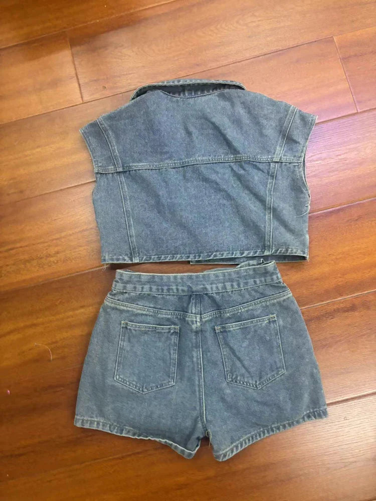 Y2k Fashion Washed Denim Women Shorts Set 2025 Summer Street Wear Sexy Clothes Jean Patchwork Two 2 Piece Matching Sets Outfits Purplish Diva