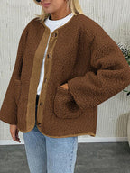 Modern Cozy Women Luxuriously Cozy Contrast Button Up Sherpa Jacket with Pockets For Fall & Winter Stevvex