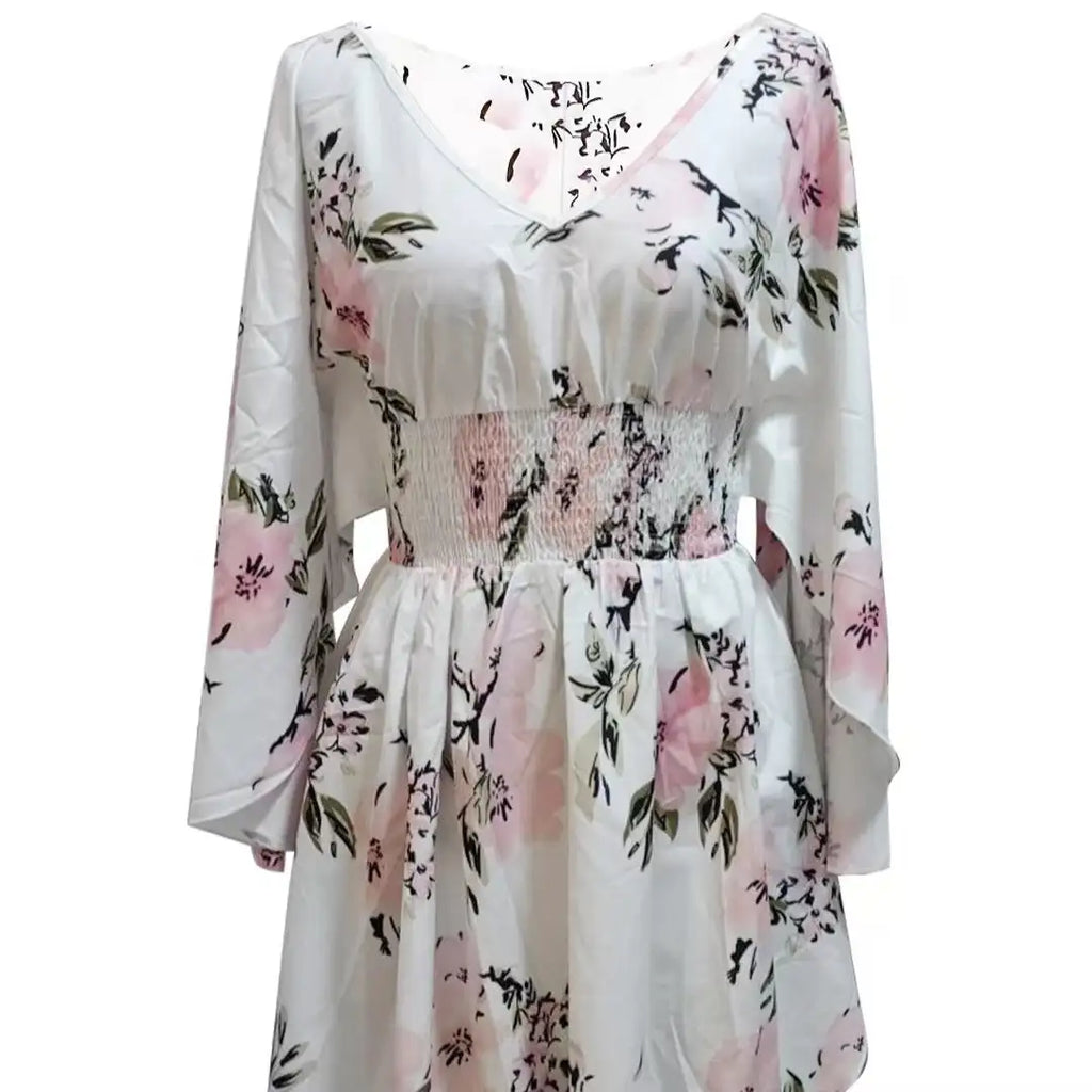 Ladies' Floral Print Waist With Ruffled Edges, Big V-neck, Sexy Asymmetrical Hem, Elegant Seaside Vacation Style Short Dress - SJB-DIAMOND ELITES