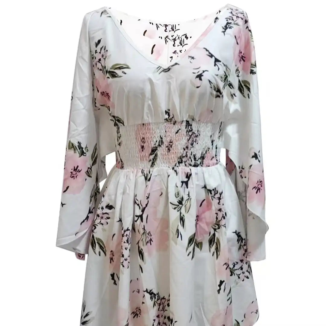 Ladies' Floral Print Waist With Ruffled Edges, Big V-neck, Sexy Asymmetrical Hem, Elegant Seaside Vacation Style Short Dress - SJB-DIAMOND ELITES