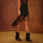 High Waisted Suede Western Studded Tassel Asymmetrical Solid Color Skirt Lootquake LLC