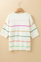 White Striped Half Sleeve Drop Shoulder Sweater