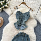American Hot Girl Retro Denim Two-piece Set.Women's New Summer Fashion Sexy Strappy Halter Top + High Waist Slit Half Body Skirt Purplish Diva