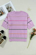 White Striped Half Sleeve Drop Shoulder Sweater