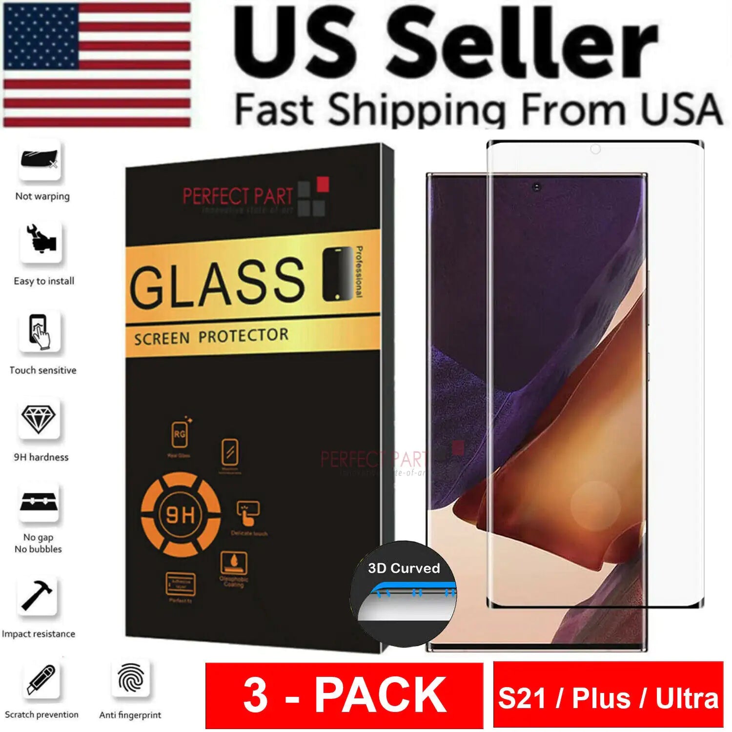 3 PACK - For Samsung Galaxy S21 PLUS ULTRA Tempered Glass Screen Protector Clear Pi-Mart