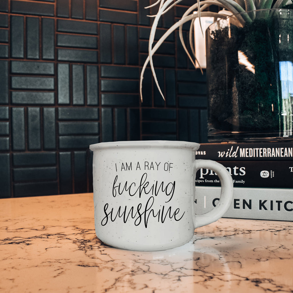 14.5oz Ceramic Campfire Mug White Sesame Glaze Speckled Ivory Black Lettering Design Both Sides Gift BandsCo Straps