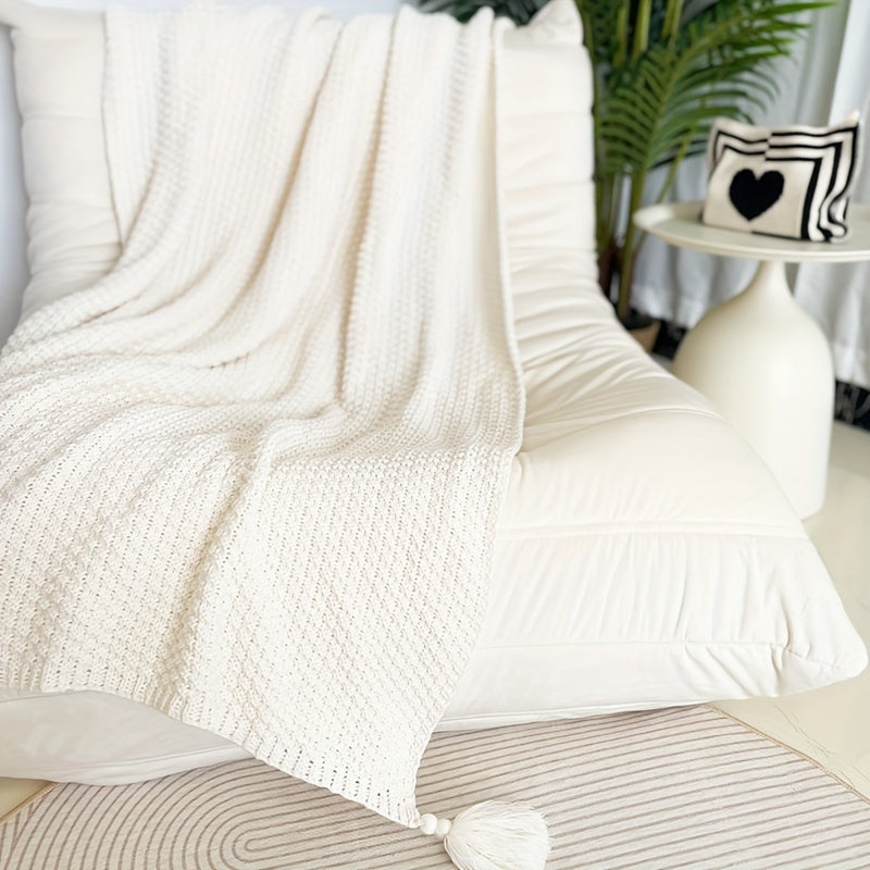 Cozy All-Season Knit Throw Blanket with Tassels - Boho-Chic Geometric Pattern in Natural Wood Color - Versatile for Sofa, Office, Bed, and Travel Lootquake LLC